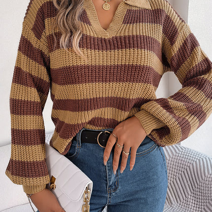 Clearance Sale: Autumn/Winter Casual Turn-Down Collar Color-Block Striped Long-Sleeve Knitted Pullover Sweater - Amazon Cross-Border Women's Fashion