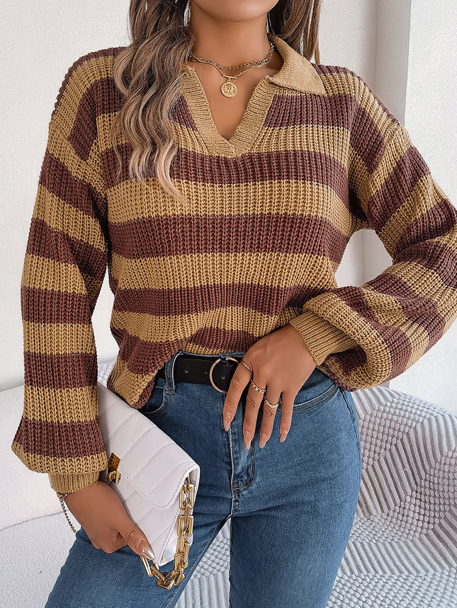 Clearance Sale: Autumn/Winter Casual Turn-Down Collar Color-Block Striped Long-Sleeve Knitted Pullover Sweater - Amazon Cross-Border Women's Fashion