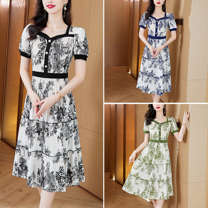 Miyake Pleats 2025 Summer New Fashionable Elegant Square Neck Printed Pleated Skirt Waist-Slimming Magic Dress