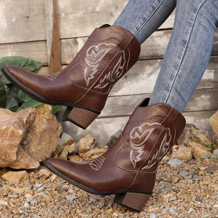 2025 Cross-Border Export New Thick-Heeled Western Cowboy Boots V-Mouth Embroidered Sleeve Knight Boots Retro Mid-Calf Square Toe