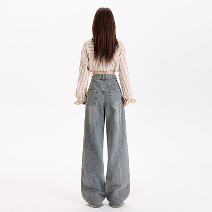 American Style Vintage Old-fashioned High Waist Fur Edge Wide Leg Pants Women's Spring New Straight Loose Slimming All-match Jeans for Women