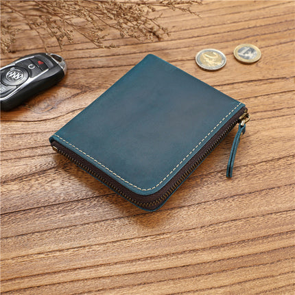 Retro Men's Crazy Horse First Layer Cowhide Short Zipper Wallet Genuine Leather Ultra-Thin Horizontal Wallet Student Casual Wallet