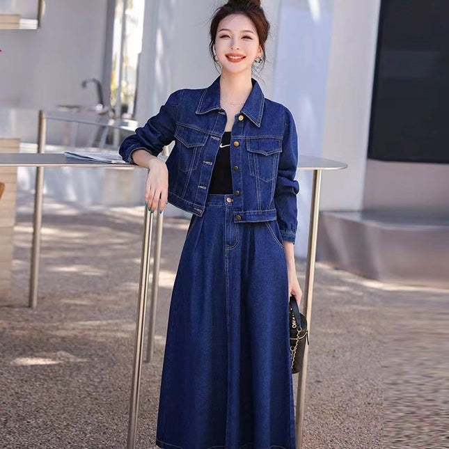 European Station Foreign Style Age-reducing Denim Dress Women's 2023 Spring and Autumn New Casual Short Jacket Skirt Two-piece Set