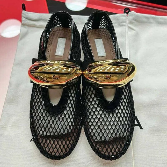 Niche Metal Mesh Flat Shoes Comfortable Hollow Shallow Mouth Breathable Single-layer Shoes Summer Golden Ballet Shoes Mary Jane