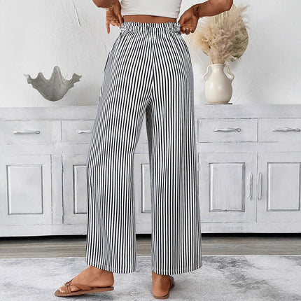 Trendy Striped Casual Pants for Women Versatile Brushed Wide-Leg Pants Casual Pocket Drawstring Long Pants European and American Cross-Border Women's Clothing