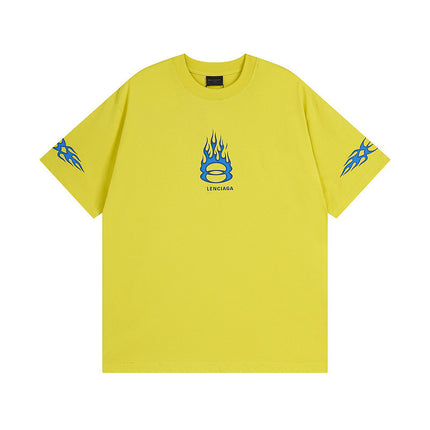 High-Quality Trendy Brand Paris Double Ring 300g Flame Direct Spray Printing Washed Distressed Short-Sleeved T-Shirt for Men and Women Same Style S-Shirt