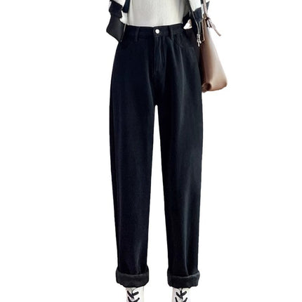 fleece-lined Thickened Harlan Jeans Women's Fashion All-match New High Waist Slimming Loose Casual Turnip Pants