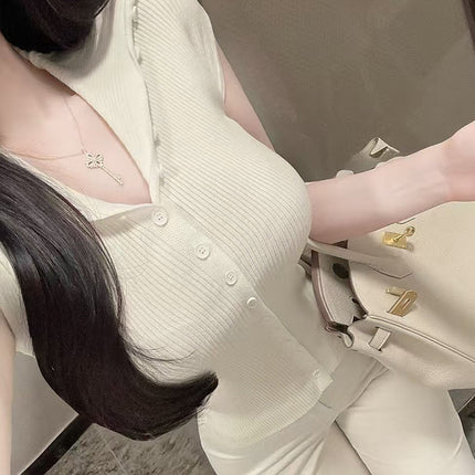 South Korea Dongdaemun Sexy Elegant Slim-fit Slimming Figure Feminine Single-breasted Short-sleeved Knitted T-shirt Top