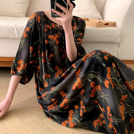 Mishiti Cotton Silk New Chinese Style Short-Sleeved Nightgown for Women, Summer Thin Style, National Style Cotton Silk Home Wear, Can Be Worn Outside