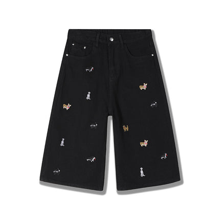Vintage Washed Denim Shorts with Dog Embroidery for Men and Women, Summer Trendy Loose Fit Versatile Wide-Leg Cropped Pants