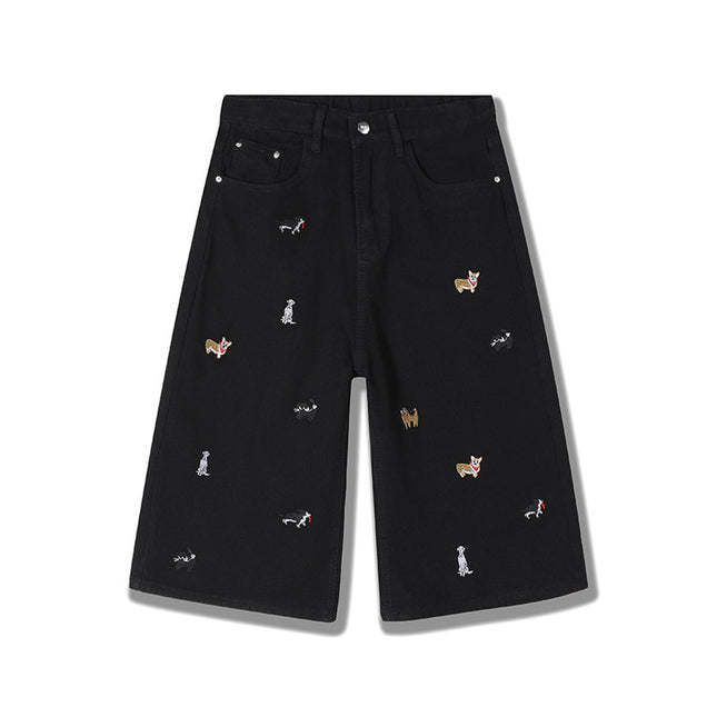 Vintage Washed Denim Shorts with Dog Embroidery for Men and Women, Summer Trendy Loose Fit Versatile Wide-Leg Cropped Pants