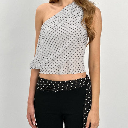 Ins European and American Cross-Border Hot-Selling Women's Clothing Polka-Dot Slant Collar Exposed Navel Asymmetrical Casual Sexy Niche Short Vest for Women