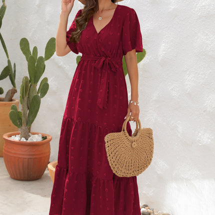 Cross-Border V-Neck High-Waist Strappy Dress Fur Ball Long Short-Sleeved Dress Vacation Travel Dress