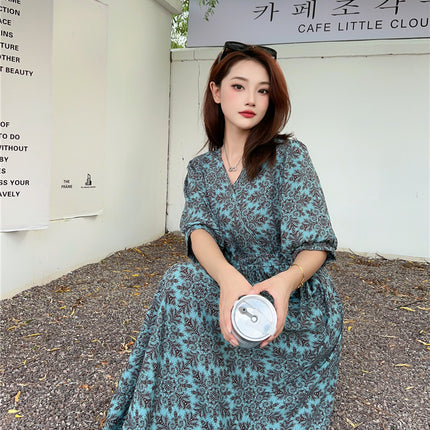 Cotton floral dress 2024 new thin waist pure wind Amazon artificial cotton beach dress fairy dress
