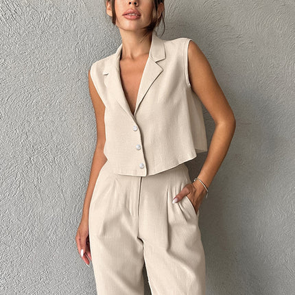 2026 Summer Fashion Business Suit European and American Style Khaki Cotton Linen Sleeveless Blazer Vest and Long Pants Two-Piece Women's Set