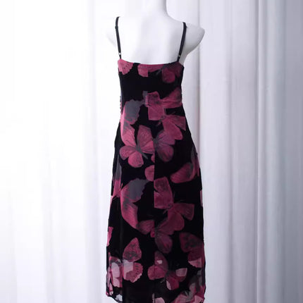 Butterfly Transformation Red/Apricot Print Dress Holiday Long and Short Suspender Skirt Fresh and Elegant Fashionable National Style