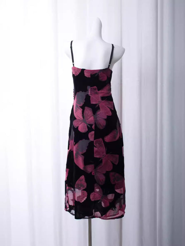 Butterfly Transformation Red/Apricot Print Dress Holiday Long and Short Suspender Skirt Fresh and Elegant Fashionable National Style