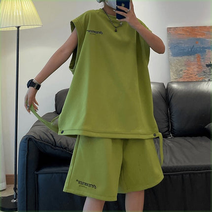 Summer New Trendy Loose-Fitting Large-Size Vest Set for Teenagers, Two-Piece Sports Set, Men's Sleeveless Vest, Casual