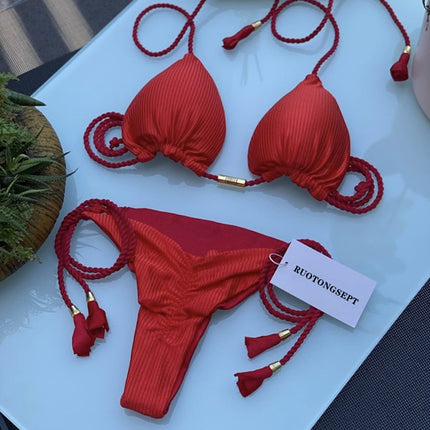 European and American 2025 Spot New Fashion Split Pure Color Bikini Bikini Swimsuit Sexy Lace-Up Halter Swimsuit
