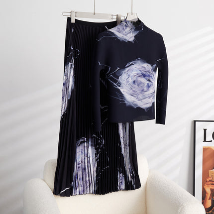 Hot-Selling Pleated Printed Two-Piece Set, Feminine Long-Sleeved T-Shirt, Drapedy Skirt, Versatile Suit, Complete Set