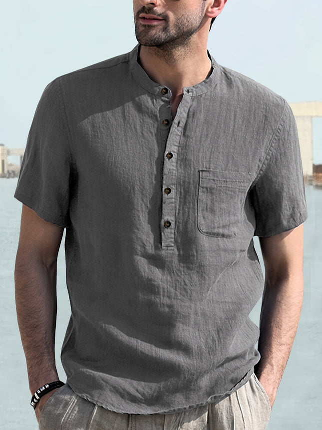 Foreign Trade Cross-Border Men's Henry Collar Solid Color Pocket Short-Sleeved Shirt Amazon European and American Men's Cotton and Linen Shirts