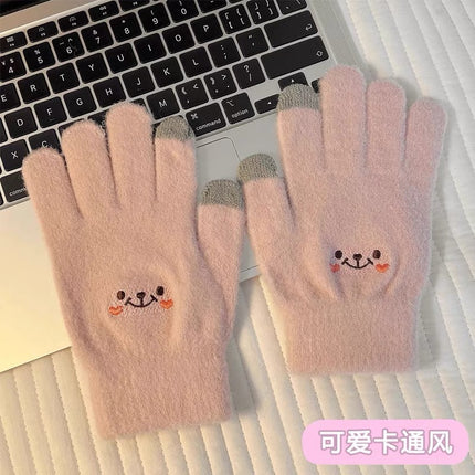 Gloves women's winter fleece-lined thick warm Korean cute riding electric car lovers cold thick five-finger touch screen wholesale