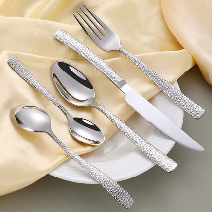 Cross-border 304 Stainless Steel Knife, Fork and Spoon Tableware Hotel Western Food Square Handle Thickened Water Cube Hammer Steak Knife, Fork and Spoon