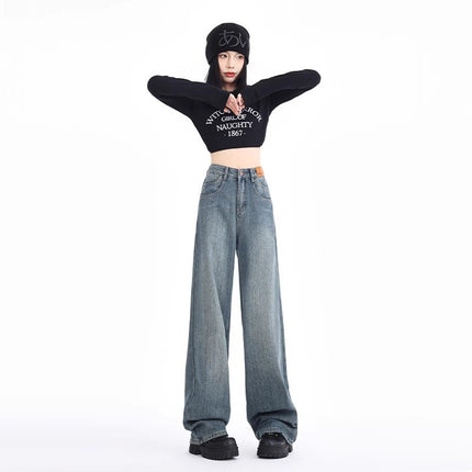 Vintage Blue High-Waisted Slimming Wide-Leg Jeans for Women 2025 Trendy Versatile Korean Style Loose Slimming Straight Long Pants