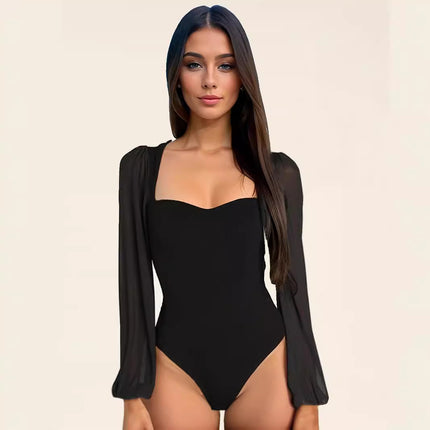 2025 autumn new European and American tights sexy fashion stitching mesh lantern sleeve jumpsuit women's bodysuit