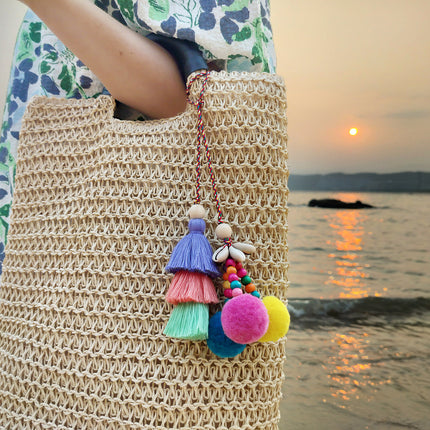 Vintage Ethnic Style Bag Hanging Ornaments Bohemian Ocean Style Handmade DIY Woven Fur Ball Shell Tassel Pendant