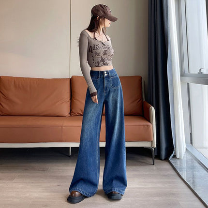 Maillard Stretch Loose Mop Pants Pocket Design 2025 Comfortable Wide Leg Jeans Two Buckle Spring