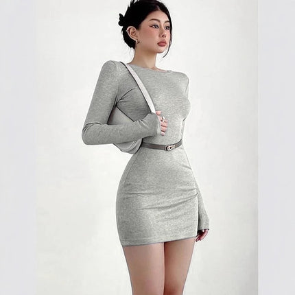 AC453 Cross-border New Round Neck Solid Color Elastic Tight Long Sleeve Bag Hip Slim-fit Slimming Figure dress