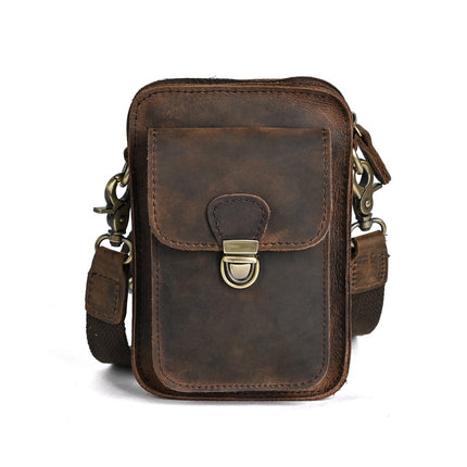 Vintage Men's Genuine Leather Small Bag Top Layer Crazy Horse Leather Crossbody Wearing Belt Mobile Phone Bag Men's Outdoor Casual Hanging Bag Cigarette Bag