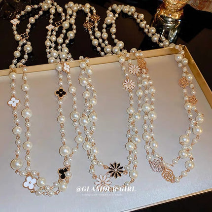 Korean Four-Leaf Clover Pearl Necklace Long Accessible Luxury High-End Sweater Chain Versatile Simple Autumn and Winter Necklace Accessories