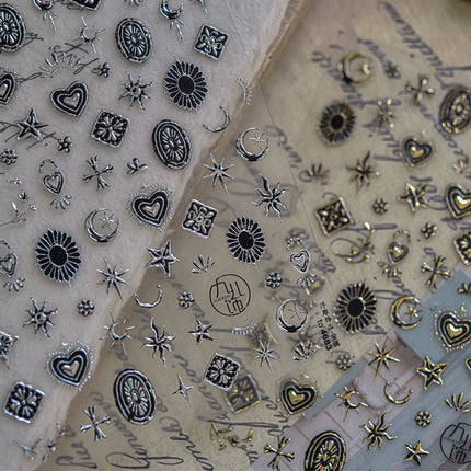 Metal Star and Moon Nail Art Stickers Embossed New 3D Stereo Popular Ins Gold and Silver Punk Nail Sticker Decorations