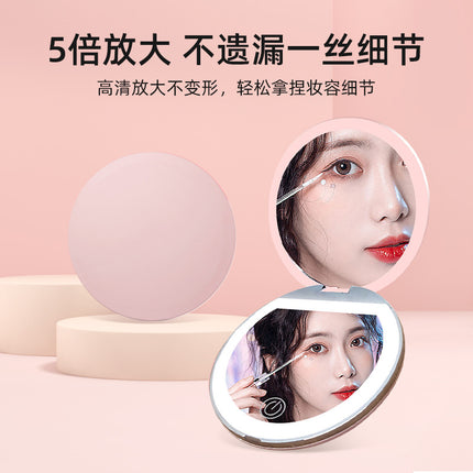 Cross-border TE Amazon LED makeup mirror 5X amplification explosion portable gift round beauty mirror flip light mirror