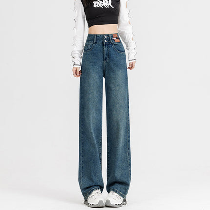 Women's Versatile Retro Blue Floor-Length Pants, Stylish High-Waisted Straight-Leg Jeans, Slimming 2025 Drapey Wide-Leg Pants, Trendy