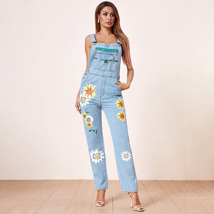 2026 Cross-Border European and American Women's Fashion Wish Amazon Foreign Trade Women's Printed Suspender Pants Denim Overalls European and American Style