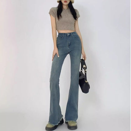 Vintage High Waist Slim Look Jeans Women's Trendy All-match New Autumn Slim-fit Hip Lace Micro Horn Long Pants