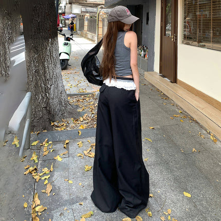 Black Design Lace Splicing Casual Pants for Women 2025 Summer New High-Waisted Loose Wide-Leg Suit Pants