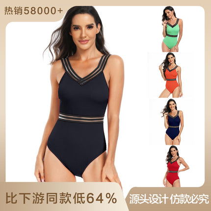2024 New European and American Ribbon One-piece Swimsuit Women Amazon Sports Quick Dry Bikini Swimwear Bikini Wholesale