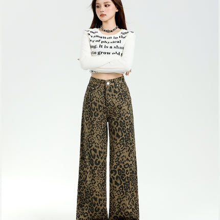 American Style High Street Leopard Print Wide Leg Jeans Women's 2025 Spring New High Waist Loose Slimming Straight Pants