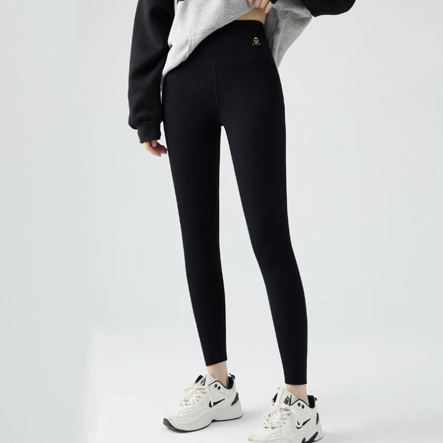 2.24 Pit Striped Slim-fit Stretch Leggings Women's fleece-lined Autumn and Winter Black High Waist Outer Wear Slim Tight Pants