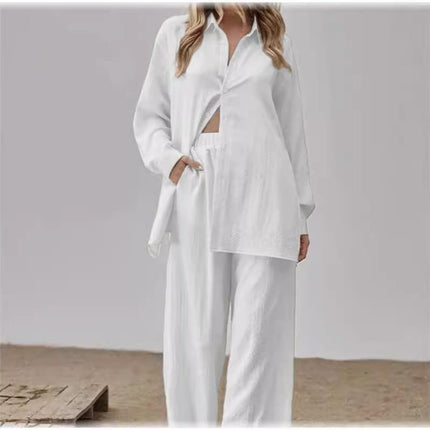 2024 European and American women's shirt pants set long sleeve lapel shirt and elastic pants 2 piece set fashion office suit