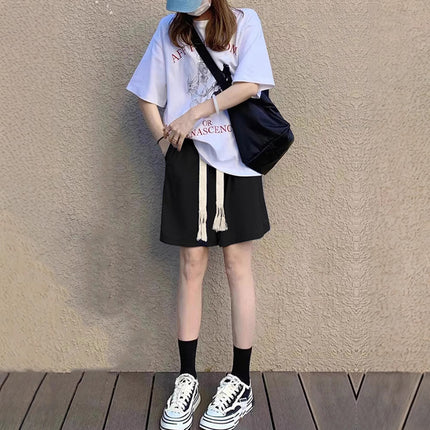 Black Sports Shorts for Women, Summer Thin High-Waisted Casual Straight Mid-Length Loose Wide-Leg Cool Five-Point Shorts
