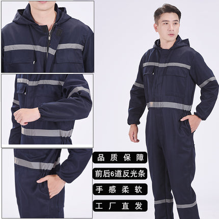 One-Piece Work Clothes for Men, Long-Sleeved, Reflective Strips, Hooded Labor Protection Clothing, Auto Repair Spray Painting, Ship Crew Uniforms, Dirt-Resistant, Wear-Resistant, Breathable