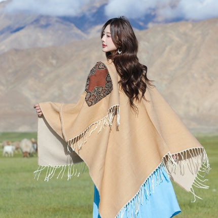 Xinjiang Xizang Travel Photo Split Pocket Ethnic Scarf Women's Dual-use Warm Outer Cape Cape Shawl