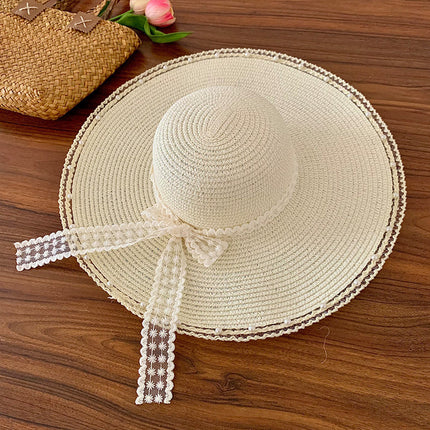 [Great Value] French Style Socialite Flat Top Hat 2025 New Summer Elegant Pearl String Sunshade Woven Straw Hat