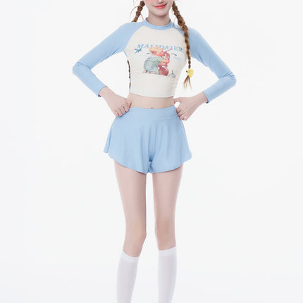 New Style Fresh and Simple Women's Conservative Two-Piece Swimwear with Long Sleeves and Sporty Style, Pure Desire Three-Piece Swimsuit