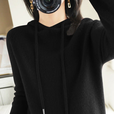 Qingcang] Autumn and Winter Hooded Sweatshirt Women's Knitted Knitwear Hoodie Loose Bottoming Large Size Bottoming Knitwear Outer Top